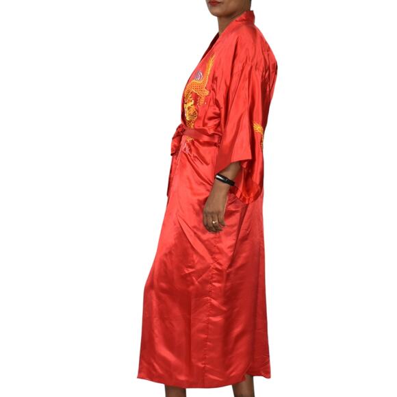 Embroidered Silk Robe Kimono Red Susi Dragon Wrap Chinese Asian Satin Size Large - Picture 3 of 16